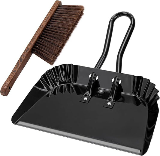 17In Large Dust Pan and Brush Set,Heavy-Duty Dust Pan | Handheld Dustpan | Commercial Metal Dust Pan and Wood Broom,Precision Edge for Debris,Black Hanging Dustpan Set for Home,Fireplace,Car,Outdoor