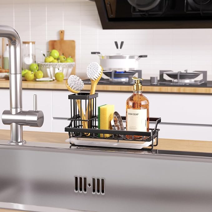 Consumest Sponge Holder for Kitchen Sink - Kitchen Sink Caddy Organizer with Removable Drip Tray for Countertop Dish Soap Dispenser Brush Storage Accessories 304 Stainless Steel - Black