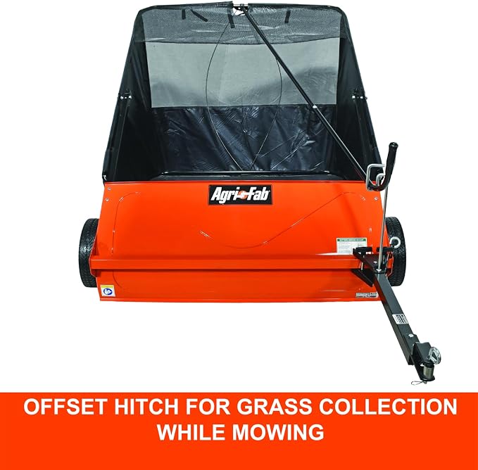 Agri-Fab 44 In Tow-Behind Lawn Sweeper with 28 Cu Ft Flow-Through Hopper Bag, Adjustable Brush Height, and Dump From Seat Handle