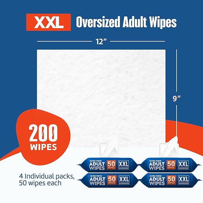 Adult Wipes for Elderly 4 Pack - Extra Large Extra Thick No-Rinse Bathing Wet Wipes for Adults - Incontinence Shower Alternative Disposable Washcloths - Fragrance-Free XXL