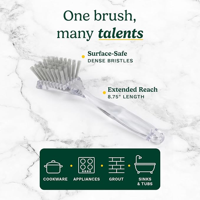 Cuisinart Dish Brush with Handle, 2 Pack, Firm Bristles | Multi-purpose dish scrubber for plates, pots, and pans, deep cleaning removes grease, safe for nonstick, built-in scraper
