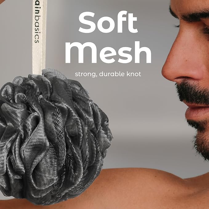 MainBasics Shower Loofah Sponge Pouf, Set of 3, Black Ice | Soft Mesh Body Scrubber and Bath Sponge for Gentle Exfoliation, Rich Lather, and Everyday Shower Use