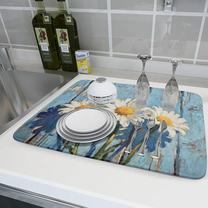 Daisy Dish Drying Mat for Kitchen Counter 18x24, Spring Summer Cute Flower Decorative Absorbent Reversible Microfiber Kitchen Countertop Protector Dishes Drainer Pad