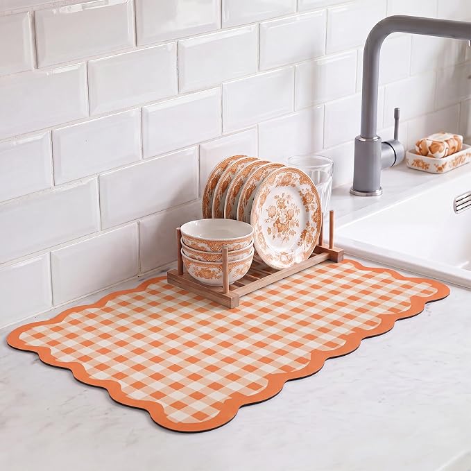 Scalloped Gingham Coffee Mat 12" x 20" Absorbent Coffee Bar Mat Gingham Espresso Matt for Counter(Orange)