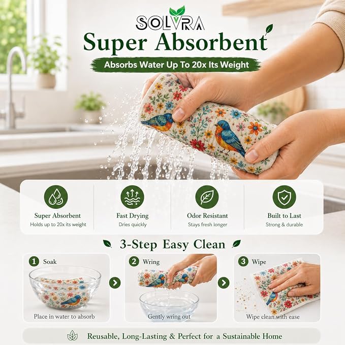 10 PCS Birds Print Swedish Dishcloths for Kitchen 100% Biodegradable, Reusable Cellulose Sponge Cloths Ultra Absorbent, Eco Friendly Cleaning Towels Dishcloths for Washing Dishes & General Cleaning