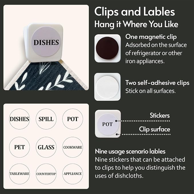 Eulnars Swedish Dishcloths, 8 Pack Reusable Paper Towels with Clips, Quick Drying Dish Towels, Super Absorbent Cellulose Sponge Cloths, No Odor, Kitchen Cleaning Essentials