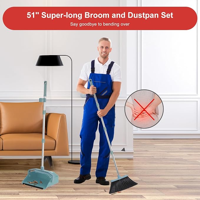 Tiumso Upgrade Broom and Dustpan Set, Broom with Dustpan Combo Sets, Large Brooms and Dust Pan with Handle, Self-Cleaning Dust Pans, Heavy Duty Broom and Dustpans Set for Lobby Kitchen Office - Green