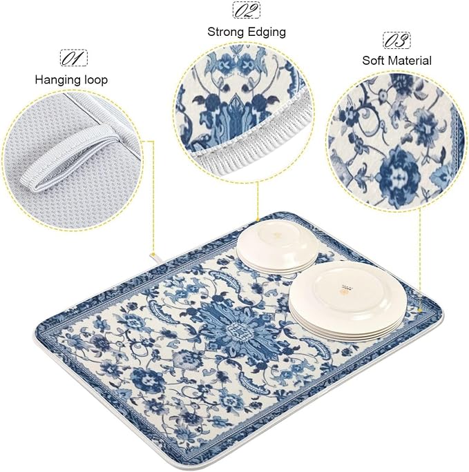 Dish Drying Mat Kitchen Counter Absorbent Blue and White Pattern Coffee Sink Mat Dish Drainer Pad 18 Inch x 24 Inch