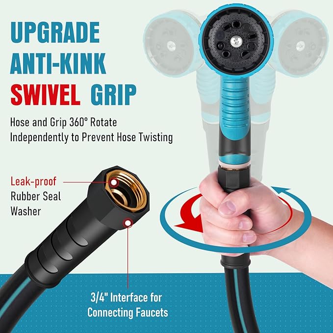 Garden Hose 50 ft x 5/8" with Nozzle, Water Hose Heavy Duty Flexible, Lightweight Kink-less Hybrid Hose with Swivel Handle, Male to Female Fittings