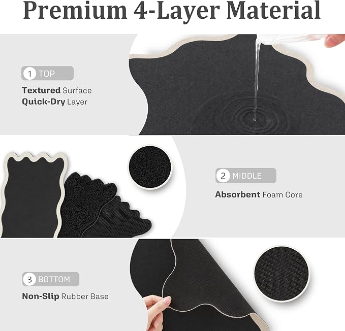 Scalloped Dish Drying Mat for Kitchen Counter, Absorbent Easy Clean Non-slip Coffee Bar Station Accessories, Trendy Cute Aesthetic Modern Drainer Kitchen Drying Mat, Black 15" x 24"