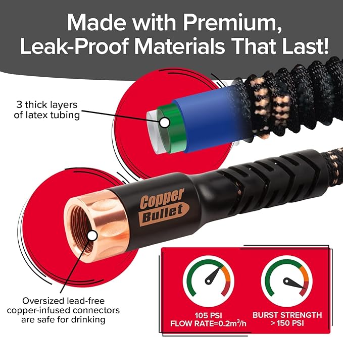 Pocket Hose 50 FT Copper Bullet Expandable Garden Hose w/10 Pattern Thumb Spray Nozzle AS SEEN ON TV 650psi 3/4 in Patented Lead-Free Ultra-Lightweight Solid Copper Anodized Aluminum
