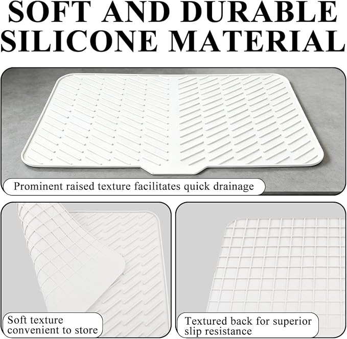 Silicone Dish Drying Mat for Kitchen Counter,23"X17" With Built-in Drain Lip,Food-Grade Silicone,Heat-Resistant Eco-friendly Hygienic Drying Mat Leak-Proof and Non-Slip,Multi-Functional Use（White）
