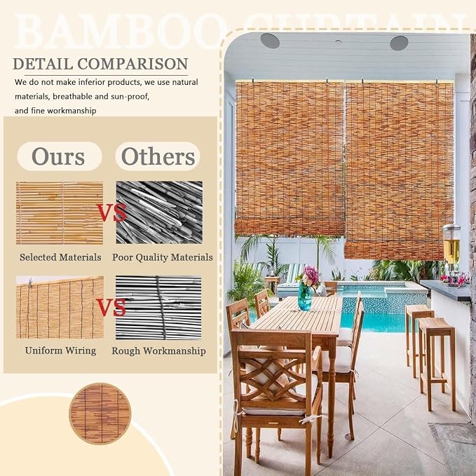 Bamboo Shades for Outdoor Patio, Waterproof Bamboo Blinds, 36" 47" 55" 60" 65" 72" 79" Blackout Reed Roller Shades with Lifter for Porch, Patio, Yard, Windows(Natural A,30" W x 64" H)