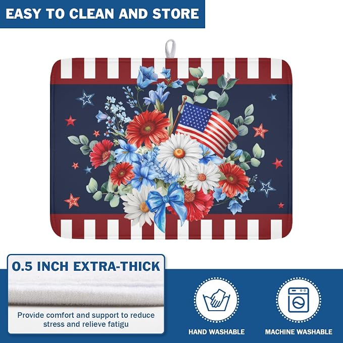 4th of July Dish Drying Mat for Kitchen Counter Patriotic Red Blue and White Floral American Flag Microfiber Dish Drainer Mat Absorbent Washable Drying Pad Extra Large 18"x24"