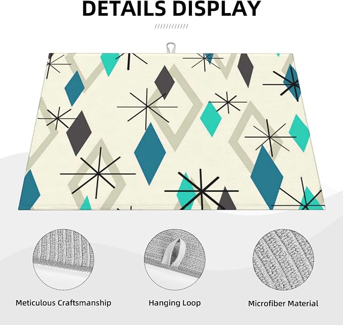 Vintage Mid Century Geometic Dish Drying Mat For Kitchen Counter, Super Absorbent Microfiber Dish Drying Pad, Kitchen Gadgets For Easy Clean Multi-Use Large 18"x24"