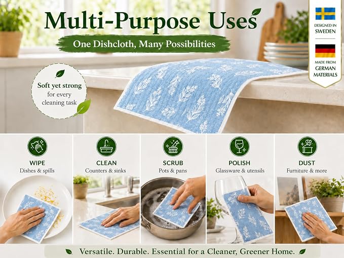 10 PCS Leaf Print Swedish Dishcloths for Kitchen 100% Biodegradable, Reusable Cellulose Sponge Cloths Ultra Absorbent, Eco Friendly Cleaning Towels Dishcloths for Washing Dishes & General Cleaning