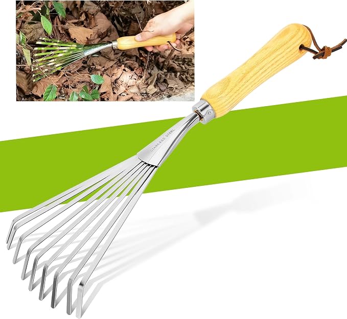 Hand Rake, Small Rake for Gardening, Mini Rakes for Flower beds | Stainless Steel Small Garden Tool with Ergonomic Handle, Leaf Rake for Cultivating, Loosening Soil & Spreading Mulch