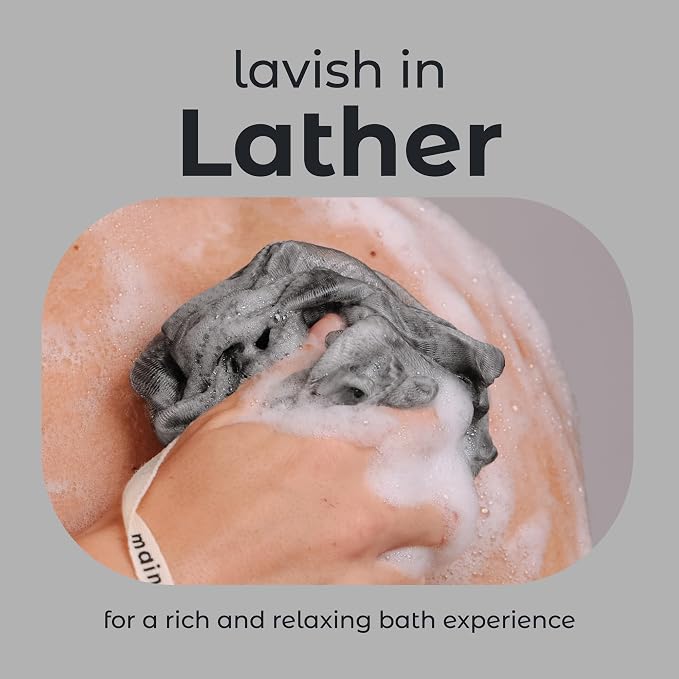 MainBasics Shower Loofah Sponge Pouf, Set of 3, Charcoal Infused | Soft Mesh Body Scrubber and Bath Sponge for Gentle Exfoliation, Rich Lather, and Everyday Shower Use