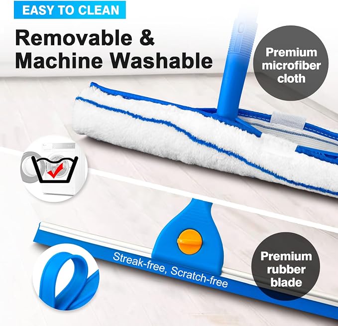 ARTIPOLY Squeegee for Window Cleaning, 14" Extra-Large Squeegee & Microfiber Scrubber Combi with 60" Stainless Steel Pole, Window Cleaning Kit for Shower Glass Mirror Door Car-2 Pads