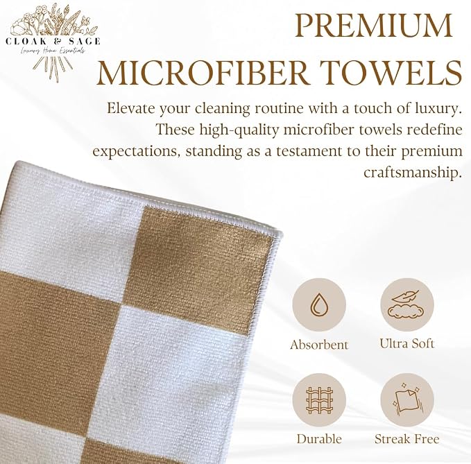 Microfiber Cleaning Cloths 13x13 – Lint-Free, Streak-Free Reusable Towels for Kitchen, Glass, Bathroom & Car | Cloak & Sage
