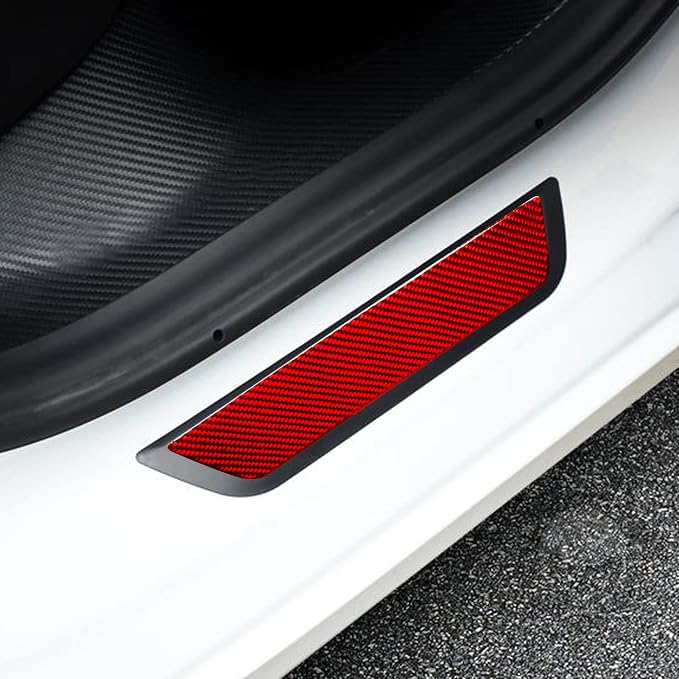 Red Real Carbon Fiber Trim for Tesla Accessories | for Model 3 2017-2022 / Model Y 2020-2024 Rear Door Sill Panel Sticker Interior Thick Overlay Decal