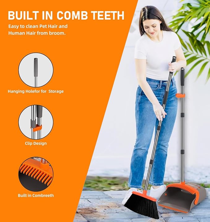2-Pack is More economical,Upgraded Broom and Dustpan,with 52" Long Handle, Dustpan Teeth with self-Cleaning Function, Indoor and Outdoor Sweeping, Perfect for Home Office (Large Size/Orange /2-Pack)