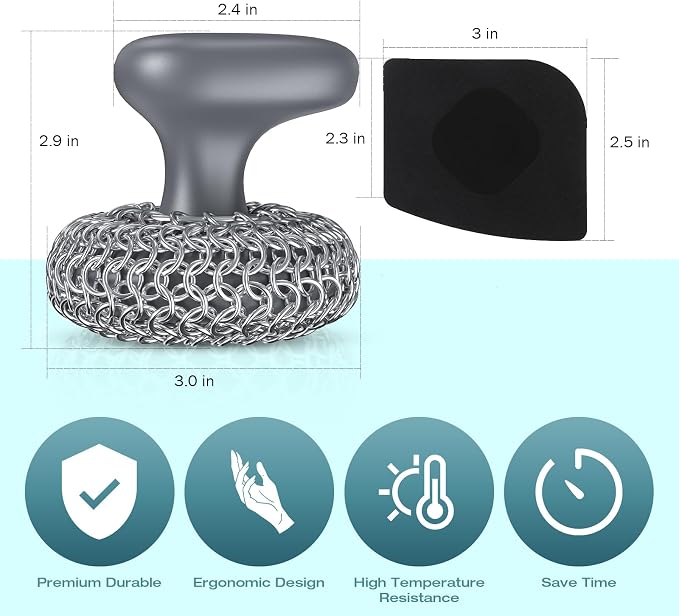 Cast Iron Scrubber | Dish Scrub Brush | 316 Cleaner Chainmail Scrubber for Cast Iron Pan Skillet Cleaner - Dish Scouring Pad Dishwasher Safe Cleaning Kit, Grey 02