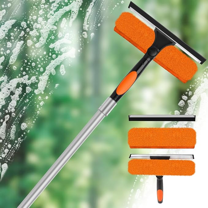 18FT High Window Cleaning Kit with Pole,Professional 2 in 1 Window Squeegee | 3-12FT Window Clean Pole Kit,2 Squeegee & 2 Microfibre Cloths,180°Rotatable Squeegee for Indoor/Outdoor High Windows