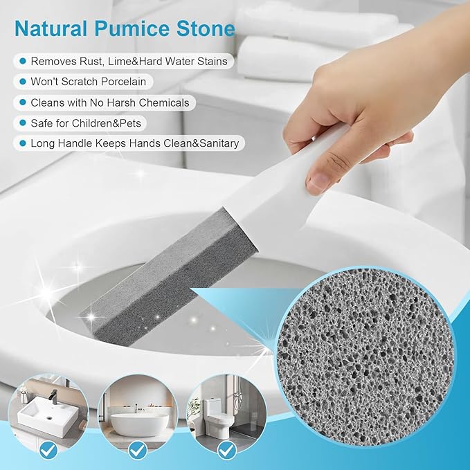 8 Pack Pumice Stone Toilet Bowl Cleaner with Long Handle - Replaceable Toilet Pumice Stone, Equipped with 2 Handles and 8 Floating Stones for Cleaning Toilets, Bathtubs, Grills, Swimming Pools, Sinks