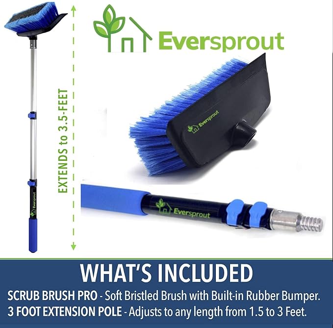 EVERSPROUT Scrub Brush, 1.5 to 3ft Pole, Rubber Bumper, No-Scratch | For Cars, Trucks, RV, Boats, Driveways, Decks, Patios, Decks, House Siding, 8-10ft Standing Reach, Non-Slip Grip, Lightweight