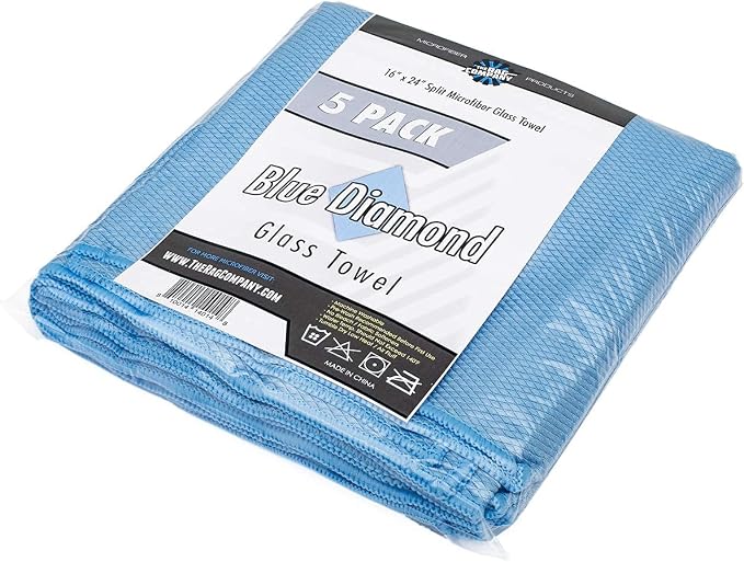 The Rag Company - Diamond Weave Glass & Window - Detailing Towels to Polish Mirrors & Chrome, Snakeskin Like Texture, Lint-Free, Streak-Free, 280gsm, 16in. x 24in, Light Blue (5-Pack)