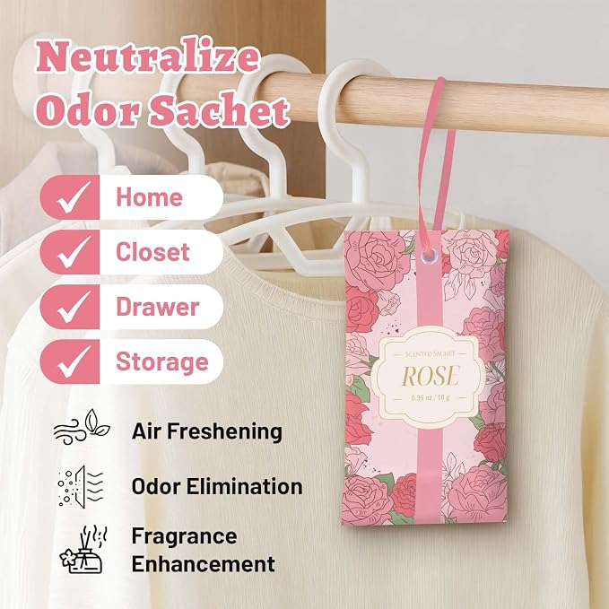 STRN Scented Sachets for Drawer and Closet, Rose Scent 14 Pack for Home | Long-Lasting Sachets, Small Space Air Freshener for Wardrobes