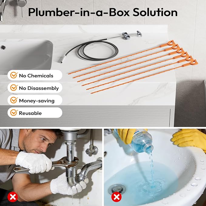 Drain Snake Clog Remover Set, 63" Metal & 20" Plastic Hair Snake | 1x Metal Drain Auger, 6x Snake Drain Hair Removal Tool, Flexible Plumbing Snake for Bathroom Sink, Bathtub, Shower, Kitchen