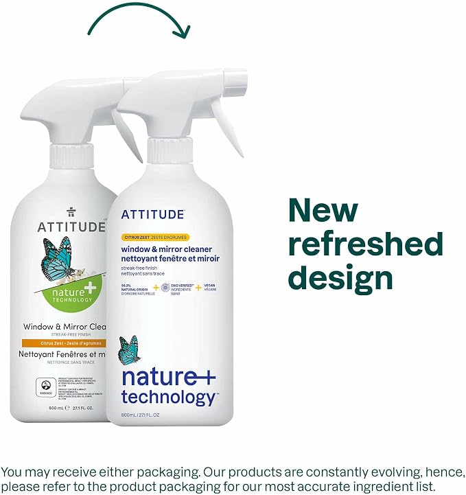 ATTITUDE Window and Mirror Cleaner, EWG Verified, Plant- and Mineral-Based Ingredients, Vegan and Cruelty-free Household Products, Citrus Zest, 27.1 Fl Oz