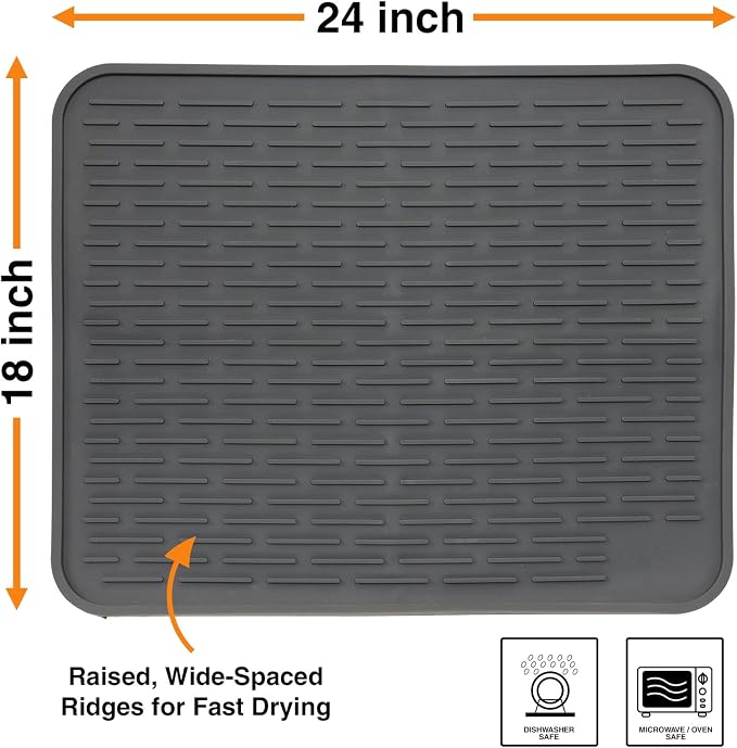 XXL Silicone Dish Drying Mat for Kitchen Counter or Under Sink, 24" x 18" Extra Large, Waterproof Pet Feeding Mat, Water Bowls, Under Drying Racks for Dishes, Coffee Bars, Bar Mats (Slate Grey)