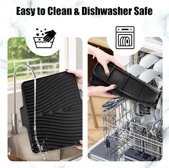 TIKNIK Silicone Dish Drying Mat for Kitchen Counter - Heat Resistant & Non-Slip Dish Drain Pad with Built-In Drain, Dishwasher Safe, Quick-Dry, Hangable & Roll-Up for Storage, Black-2pcs, 16" x 12"