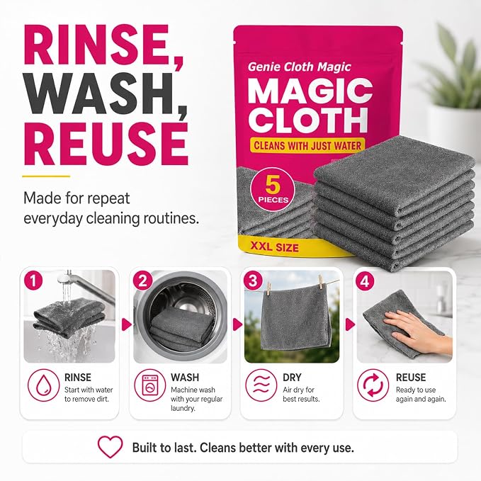 5 PackGenie Cloth Magic Cloth,Genie Magic Cleaning Cloth,Lint Free MicrofiberCleaning Cloths for Glass, Window, Kitchen,Stainless Steel,Cars & Screens,Reusable,5-Pack (1PCS)