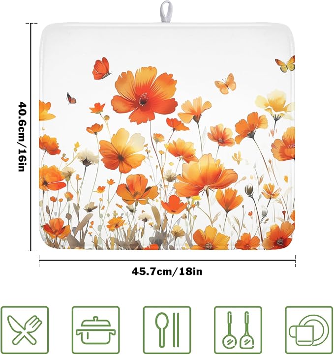Fall Dish Drying Mat for Kitchen Counter 16 x 18 Inch Autumn Orange Floral Dish Drainer Mat Absorbent Microfiber Thanksgiving Harvest Dish Rack Pad for Coffee Dining Decor
