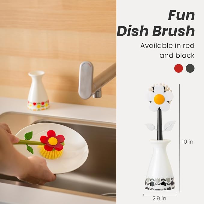 Vigar Flower Power Dish Brush - Flower-Shaped, Dish Brush with Handle, Dish Scrubber with Stand, Scrub Brush for Dishes, Dishwashing Brush, Kitchen Scrub Brush, Kitchen Essentials - White, Red