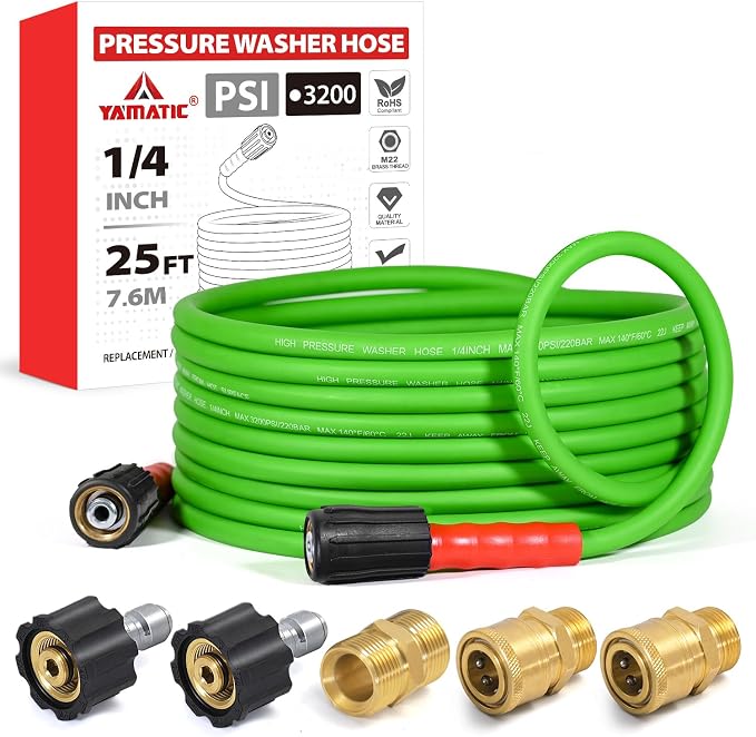 YAMATIC Super Flexible Pressure Washer Hose 25FT for Power Washer Replacement, Kink Resistant Extension With Leak-Free M22-14mm Female & 3/8" Quick Connect Adapters, 1/4" 3200 PSI, Green