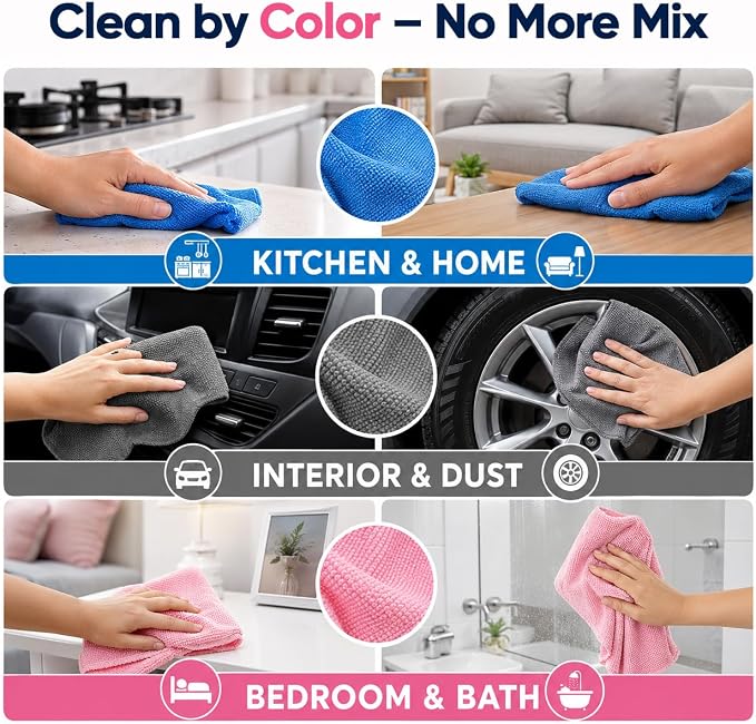 GLIMGLINT Microfiber Cleaning Cloth, 150 Pack Reusable Lint-Free Towels with Dispenser Box - Multi-Color Soft Microfiber Towels for Home, Kitchen, Bathroom, Glass & Tables - 11"x9" Washable Shop Rags