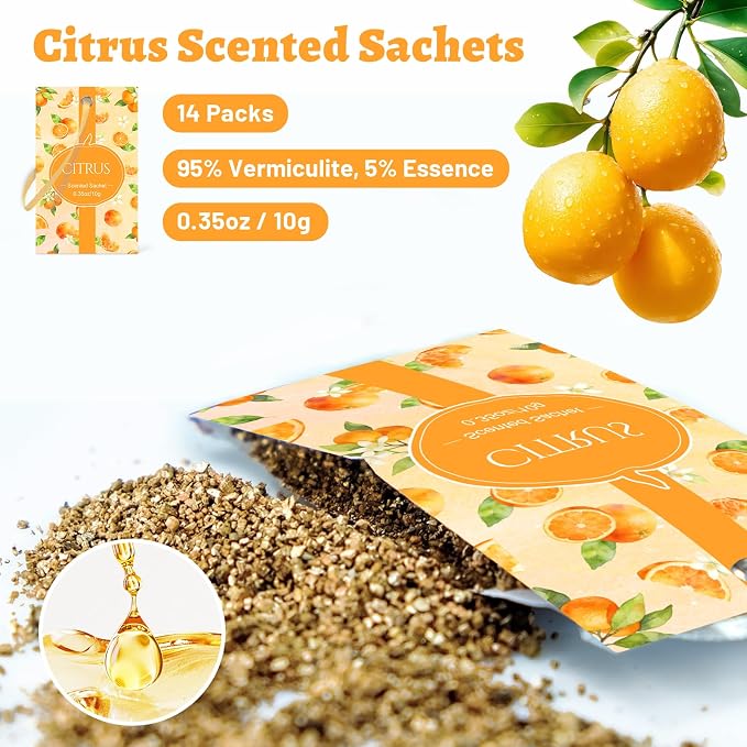 STRN Scented Sachets for Drawer and Closet, Citrus Scent 14 Packs for Home | Long-Lasting Sachets, Small Space Air Freshener for Wardrobes
