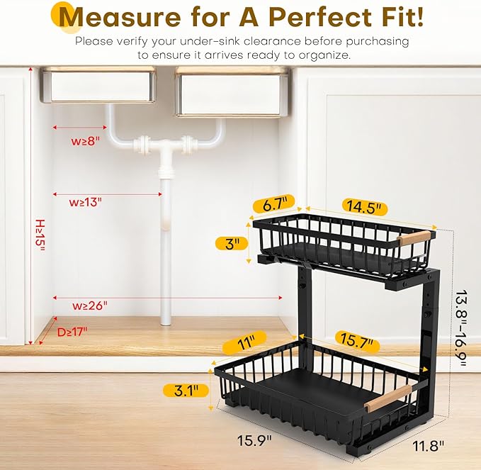 Under Sink Organizer, Heavy-Duty & Rust-Resistant Carbon Steel Metal, 2 Tier Pull Out Under Bathroom Sink Storage, Adjustable Height (13.8" -16.9"), Organizer for Kitchen Cabinet(2PCS,Black)
