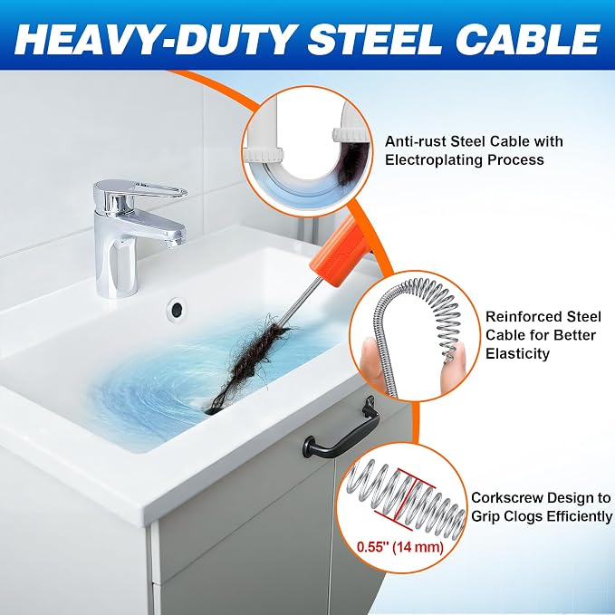 Drainsoon Auto Feed Drain Auger with Drill Adapter, 33 Feet Drain Snake Hair Clog Remover, Manual or Powered Plumbing Snake Drain Cleaner for Bathroom, Shower, Kitchen Sink, Comes with Gloves