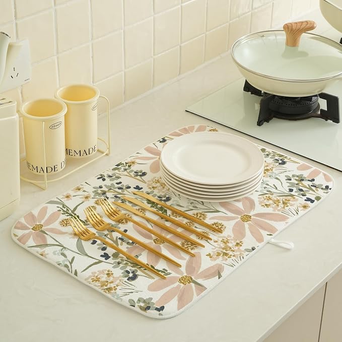 Floral Dish Drying Mat 18x24 Inch Vintage Pink Green Daisy Flower Drying Mat Boho Spring Summer Seasonal Absorbent Dish Drying Pad Dish Rack Drainer Mats for Kitchen Dining Counter