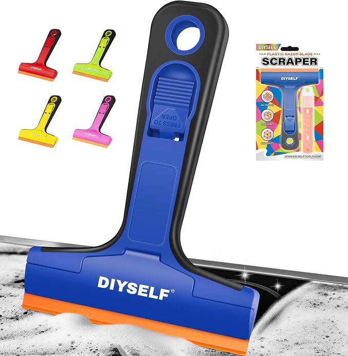 DIYSELF Window Scraper with 5 Pcs 4-Inch Plastic Razor Blades for Windows | Short Handle, Plastic Blades Scraper for Stickers, Tape, Labels, Adhesive, Cooktops, Tile & Home Cleaning, DIY Users, Blue