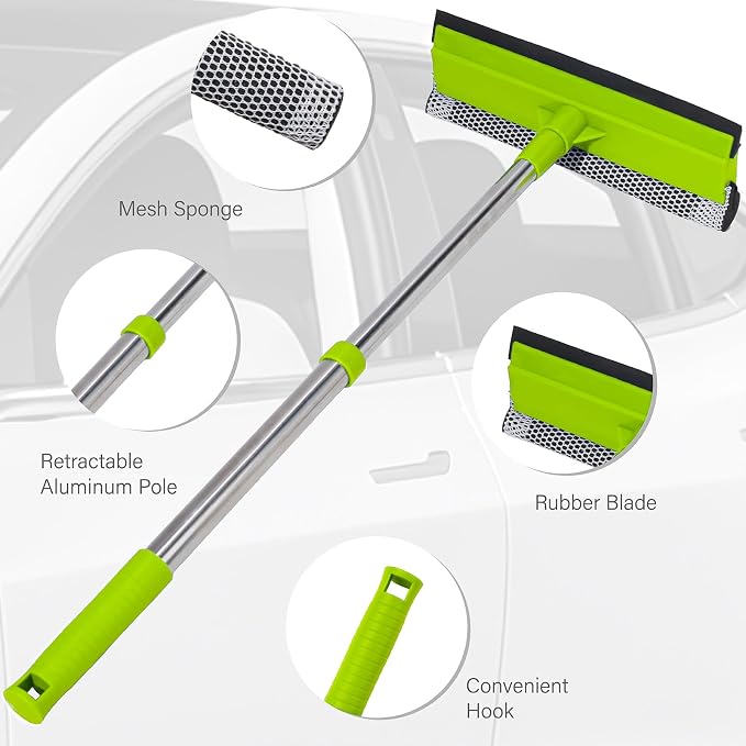 Window Squeegee with 15.7"-27.5" Retractable Stainless Steel Handle, 2-in-1 Windshield Cleaner Tool for Cars, Trucks, Glass Doors, Shower Glass, Outdoor Windows – Window Cleaner (Green)