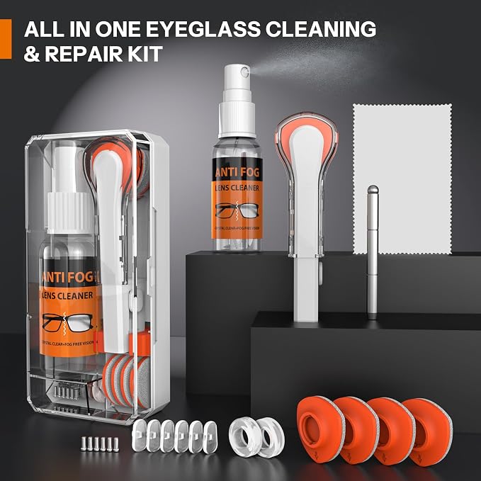 Glasses Cleaner Kit,Eyeglass Repair Kit- Eyeglass Cleaner |24H Anti Fog Lens Cleaner Spray| Microfiber Cleaning Cloth|3 in 1 Screwdriver| 6 Silicone Eyeglass Nose Pads with Screws| 2 Glasses Ear Grip