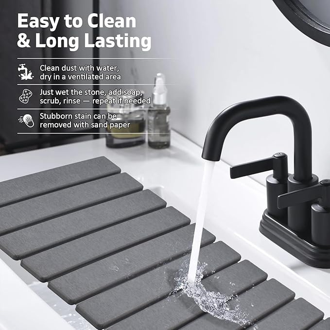 2 PCS Large Stone Dish Drying Mat for Kitchen Counter, 24"×16" Dish Drying Mat with 8"x 4" Coasters, Non - Slip Collapsible Absorbent Mat for Multi - Purpose, Match Any Countertop【Gray】