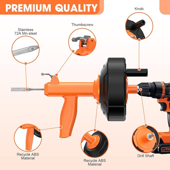 Drain Snake, Auto Feed Plumbing Snake with Drill Attachment, 25 Feet Flexible Drain Auger Tool Set Included Drain Clog Remover, Hair Clog Remover ＆ Cleaning Brush | for Kitchen, Bathroom and Shower Sink with Gloves